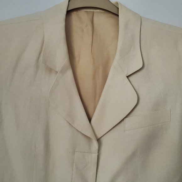 Vintage Linen Blazer Placket By English Designer Collared Neutral Pockets Preppy - Picture 3 of 11